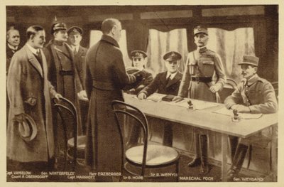 Zbiórka w celu podpisania traktatu rozejmowego (litografia) autorstwa Maurice Pillard Verneuil