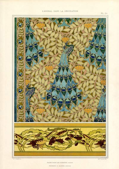 Pawie i ryby w ornamentyce secesyjnej (litografia) autorstwa Maurice Pillard Verneuil