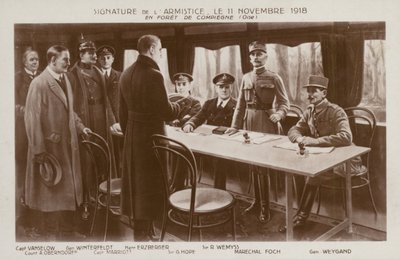 Podpisanie zawieszenia broni kończącego I wojnę światową, las Compiegne, Francja autorstwa Maurice Pillard Verneuil