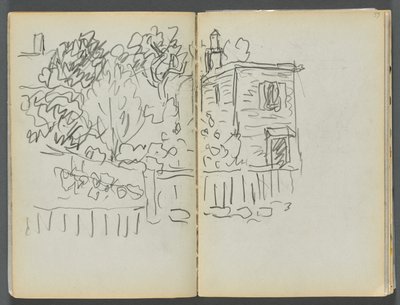 Szkicownik - The Granite Shore Hotel, Rockport, strona 054 i 55: Dom i ogrodzony ogród autorstwa Maurice Prendergast