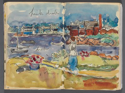 Szkicownik - The Granite Shore Hotel, Rockport, strona 084 i 85: Widok portu z kolorowymi notatkami autorstwa Maurice Prendergast