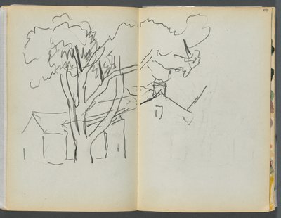 Szkicownik - The Granite Shore Hotel, Rockport, strony 106 i 107: Drzewo z domami autorstwa Maurice Prendergast