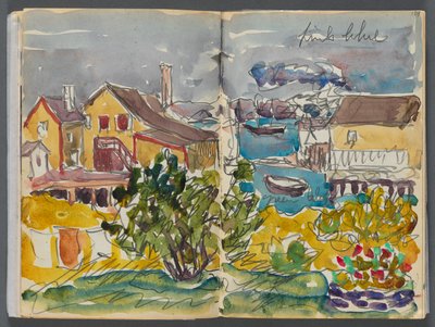 Szkicownik - Hotel Granite Shore, Rockport, strona 128 i 129: Domy w porcie autorstwa Maurice Prendergast