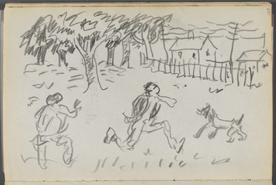 Szkicownik, The Dells, nr 127, strona 107: Krajobraz z postaciami i psem autorstwa Maurice Prendergast
