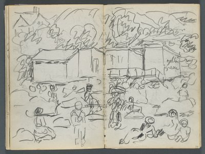 Szkicownik, The Dells, nr 127, strony 114 i 115: Krajobraz z postaciami i budynkami autorstwa Maurice Prendergast