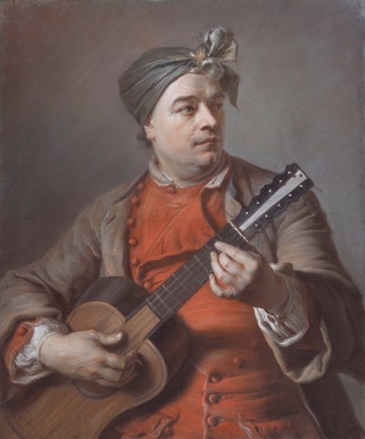 Portret Jacquesa Dumont Le Romain grającego na gitarze autorstwa Maurice Quentin de La Tour