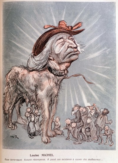 Karykatura Louise Michel jako psa „”rasa nowofundlanda (Nowa Fundlandia), bez rekompensaty, spędziła swoje życie ratując nieszczęśników”. autorstwa Maurice Radiguet