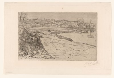 Krajobraz z domami i wodą z zacumowanymi żaglówkami autorstwa Maurits van der Valk (signed by artist)