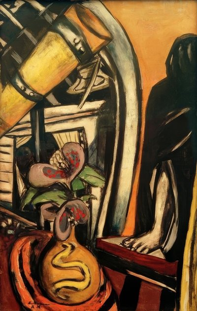 Studio (noc). Martwa natura z teleskopem i zasłoniętą postacią autorstwa Max Beckmann