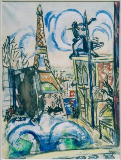 Widok na powstającą światową powierzchnię wystawienniczą z Wieżą Eiffla autorstwa Max Beckmann
