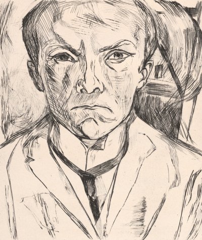 Autoportret frontalny z szczytem domu w tle autorstwa Max Beckmann