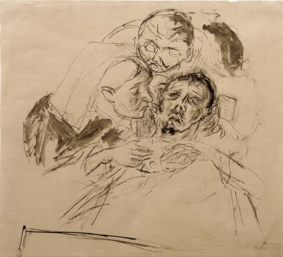 Pielęgniarka i postać męska pochylona nad chorym człowiekiem autorstwa Max Beckmann