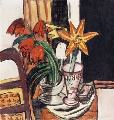 czerwone tulipany i ogniste lilie; Czerwone tulipany i lilie tygrysie autorstwa Max Beckmann