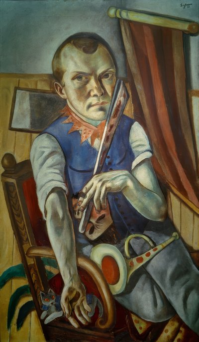 Autoportret z łóżeczkiem i trąbką (Autoportret jako klaun) autorstwa Max Beckmann