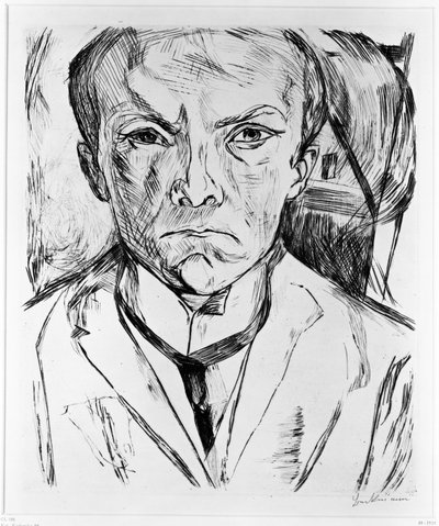 Autoportret en face, w tle szczyt domu autorstwa Max Beckmann