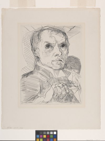 Autoportret rysikiem (suchą igłą na złamanym papierze czerpanym) autorstwa Max Beckmann