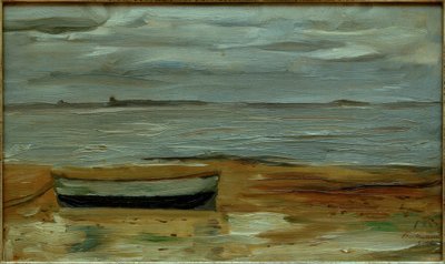 Plaża z szarą łódką i szarym morzem autorstwa Max Beckmann