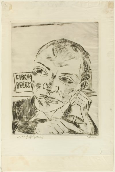 Barker (Autoportret), płyta pierwsza z Der Jahrmarkt autorstwa Max Beckmann