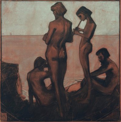 Czterech młodych mężczyzn nad morzem (Młodzi mężczyźni nad morzem - Cztery postacie mężczyzn nad morzem) autorstwa Max Beckmann