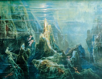 Niemcy, Bayreuth, Scenografia do spektaklu Pierścień Nibelunga - Złoto Renu Richarda Wagnera, córki Renu autorstwa Max Bruckner