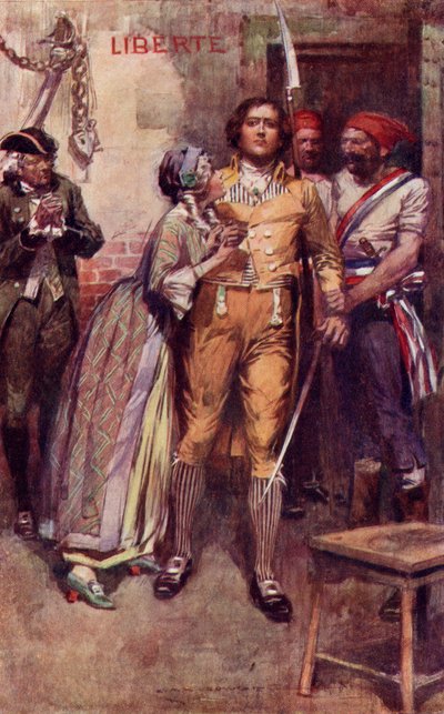 Lucy żegna się z Sydney Carton, fontispiece z „Opowieści o dwóch miastach” Charlesa Dickensa (kolor lito) autorstwa Max Cowper
