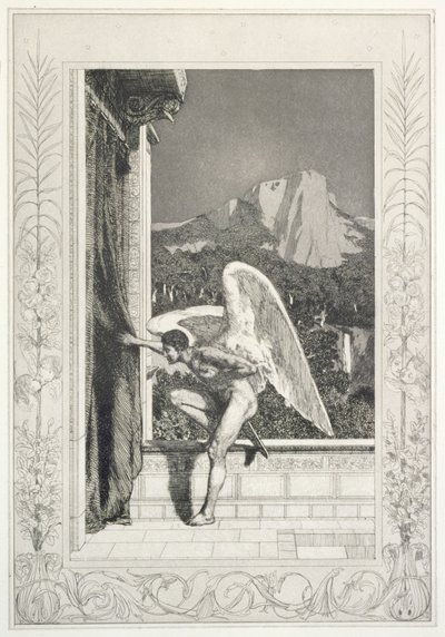 „Przybycie Amora”, rycina nr 12 z serii „Kupidyn i Psyche: Opus V” autorstwa Max Klinger