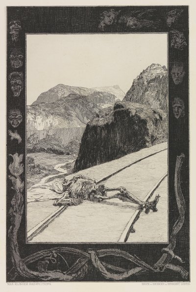 Na torach, tablica 8 z teki O śmierci, cz. I, Opus XI, 1897. autorstwa Max Klinger