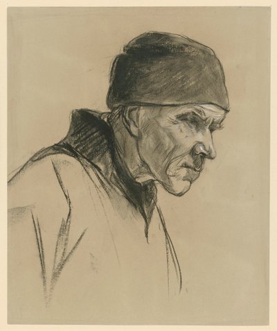 Stary mężczyzna w czapce (popiersie, profil w prawo), studium do: Idący chłop (1894) autorstwa Max Liebermann