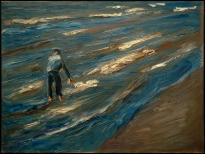 Rybacy poławiający małże na plaży - Blue Sea autorstwa Max Liebermann