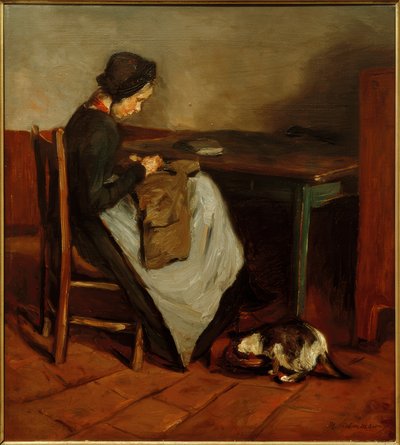 Szyjąca dziewczynka z kotem - Holenderskie wnętrze autorstwa Max Liebermann