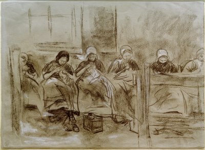 Sześć szyjących holenderskich dziewczynek przed ścianą domu autorstwa Max Liebermann