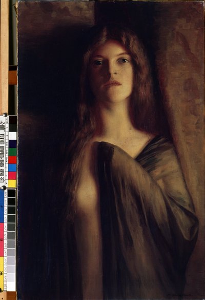 Portret młodej kobiety"" (Portret dziewczyny) Młoda dziewczyna o smutnym i ponurym wyrazie twarzy, ubrana w przezroczysty welon. Obraz Maxa Nonnenbrucha (1857-1922) (nowa sztuka) Olej na płótnie. Muzeum Sztuk Pięknych Mikalojusa Konstantinasa Ciurlionisa,  autorstwa Max Nonnenbruch