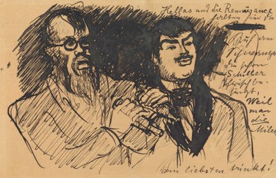 Drei Lenbach-Karikaturen: a) Brustbild; b) Ganzfigur; c) zusammen mit Stuck autorstwa Max Slevogt
