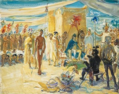 Fernando Cortez przed cesarzem Meksyku Montezumą. 1917 autorstwa Max Slevogt