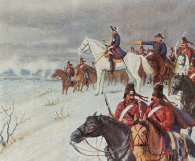 Fryderyk Wielki na wzgórzu Borner w bitwie pod Leuthen, 5 grudnia 1757 r. (wzmocniona kolorowa litografia) autorstwa Max Weese