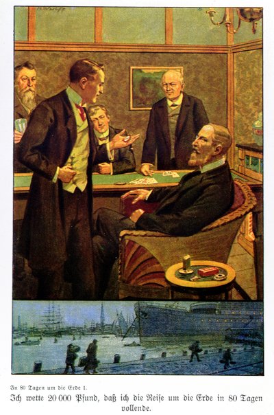 Phileas Fogg stawia w Reform Club, że będzie mógł podróżować dookoła świata w 80 dni, ilustracja z wydania opublikowanego w Berlinie autorstwa Max Wulff