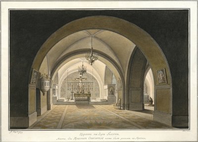 Wnętrze kościoła Grobu Świętego na miejscu Golgoty, 1821 r. autorstwa Maxim Nikiphorovich Vorobyev