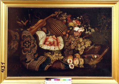 Martwa natura. Kwiaty, arbuz, morele, winogrona, nuty, skrzypce, mandolina, jaszczurka i paleta z farbami i pędzlami. Obraz Maximiliana Pfeilera (ok. 1660-1720) autorstwa Maximilian Pfeiler