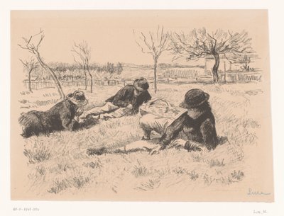 Trzech mężczyzn odpoczywa na łące autorstwa Maximilien Luce (signed by artist)