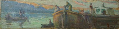 Krajobraz rzeki z barką i łodziami autorstwa Maximilien Luce