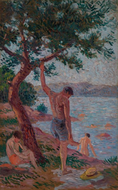 Saint-Tropez, kąpiący się pod lasem sosnowym autorstwa Maximilien Luce