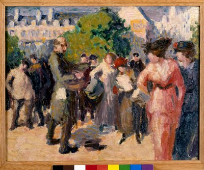 Scena uliczna. Żebrak z lirą korbową grający w ogrodzie w Paryżu. Obraz autorstwa Maximilien Luce (1858-1941). Olej na płótnie. Kolekcja prywatna autorstwa Maximilien Luce