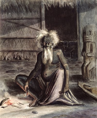 Stary człowiek z Tahiti siedzący w pobliżu Tiki, ok. 1841-48 (pióro i atrament i toaleta na papierze) autorstwa Maximilien Radiguet