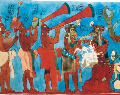 Reprodukcja fresków Bonampak, detal z muzykami z Meksyku, Chiapas, Bonampak (fresk) autorstwa Mayan