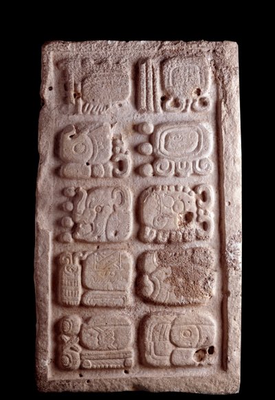 Sztuka przedkolumbijska, cywilizacja Majów, okres klasyczny: fragment klatki schodowej przedstawiający glify w niższych płaskorzeźbach. Ciemny. 35,5x61 cm Gwatemala, Museo Nazionale di Archeologia e Etnologia - sztuka prekolumbijska, cywilizacja Majów, okr autorstwa Mayan Mayan
