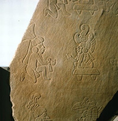 Płyta z grawerowanymi postaciami ludzkimi, z Kaminaljuyu, Gwatemala, okres wczesnoklasyczny (250-600) (kamień) autorstwa Mayan Mayan