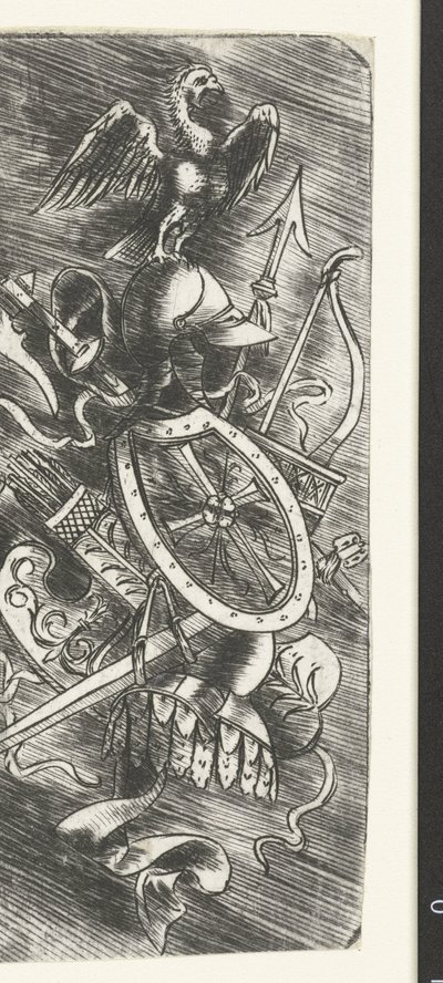 Orzeł na szczycie trofeów za broń, w tym różne rodzaje broni autorstwa Meester van 1515