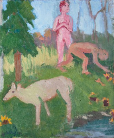 Dwie postacie z samicą łosia, 2016 (olej na płótnie) autorstwa Megan Williamson