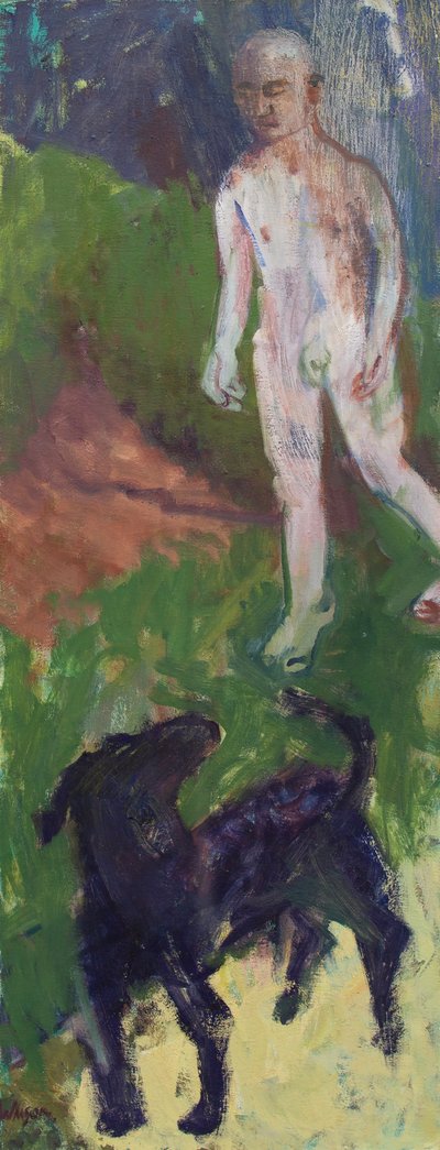 Biały mężczyzna, który wyprowadzał czarnego psa, 2016 (olej na płótnie) autorstwa Megan Williamson
