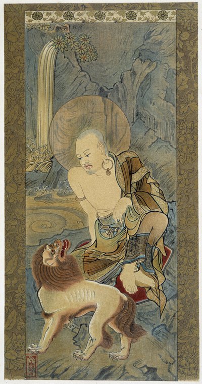 Człowiek z lwem. Malarstwo na jedwabiu Meicho (1427-1532). autorstwa Meicho